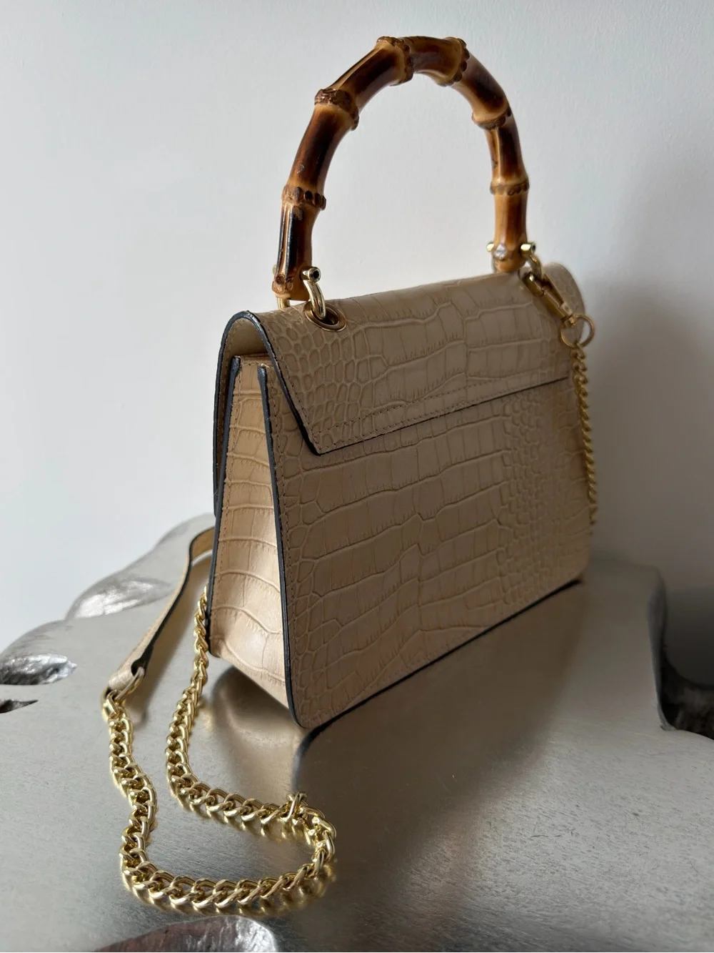 Leather Croc-Embossed Top-Handle Bag w/ Bamboo Accent | Made in Italy | Neutral